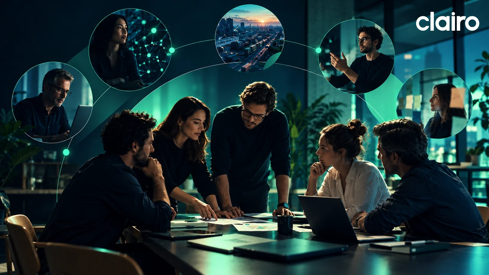 Equipo directivo reunido alrededor de una mesa, conectado con especialistas y capacidades externas para resolver un reto empresarial de crecimiento