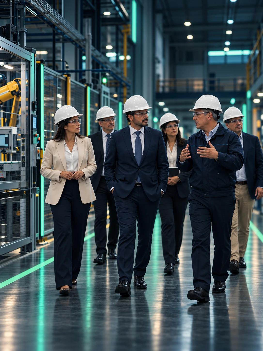 Directivos recorriendo una planta industrial